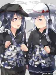 Rule 34 | 2girls, :d, akatsuki (kancolle), bad id, bad pixiv id, black hat, black skirt, blue skirt, blush, camouflage, camouflage jacket, clenched hand, clenched hands, closed mouth, commentary request, cowboy shot, earmuffs, eye contact, fish, flat cap, fur trim, hair between eyes, hammer and sickle, hat, hibiki (kancolle), jacket, juurouta, kantai collection, long hair, long sleeves, looking at another, matching outfits, multiple girls, open mouth, pleated skirt, purple eyes, purple hair, remodel (kantai collection), silver hair, skirt, smile, star (symbol), twitter username, verniy (kancolle), white hat