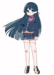 Rule 34 | 1girl, arm at side, black hair, black jacket, black skirt, blazer, blue eyes, blush, bow, bowtie, closed mouth, floating hair, full body, grey footwear, hair ribbon, hand on own hip, jacket, loafers, long hair, long sleeves, looking at viewer, miniskirt, naka (buttergirl 02), nijisanji, pink bow, pink bowtie, pink ribbon, plaid, plaid skirt, pleated skirt, ribbon, school uniform, shoes, sidelocks, simple background, skirt, smile, solo, straight hair, thighhighs, tsukino mito, v-shaped eyebrows, virtual youtuber, white background, white thighhighs, zettai ryouiki