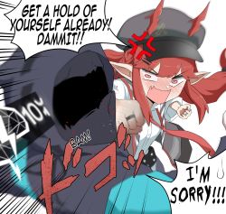 Rule 34 | 1girl, 1other, alph (sancheck), anger vein, arknights, black jacket, blurry, cabbie hat, doctor (arknights), emphasis lines, english text, gameplay mechanics, hat, helmet, highres, horns, horns through headwear, jacket, jewelry, long hair, low twintails, open mouth, pointy ears, punching, red eyes, red hair, ring, shirt, speech bubble, twintails, v-shaped eyebrows, very long hair, vigna (arknights), white shirt