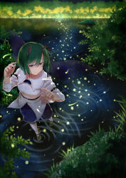 Rule 34 | 1girl, antennae, armband, blouse, fireflies, foreshortening, forest, grass, green eyes, green hair, hand up, highres, light trail, mary janes, matching hair/eyes, nathaniel pennel, nature, no socks, pennel, ripples, shirt, shoes, short hair, shorts, smile, solo, touhou, tree, walking, walking on liquid, water, wriggle nightbug