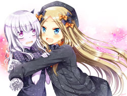 Rule 34 | 2girls, :d, abigail williams (fate), black bow, black dress, black hat, blonde hair, blue eyes, blush, bow, commentary request, dress, fate/grand order, fate (series), forehead, hair between eyes, hair bow, hat, horns, hug, lavinia whateley (fate), long hair, long sleeves, looking at viewer, multiple girls, open mouth, orange bow, parted bangs, parted lips, polka dot, polka dot bow, purple eyes, sakura tsubame, silver hair, single horn, sleeves past wrists, smile, star (symbol), sweat, very long hair