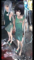 Rule 34 | 2girls, bandage on face, bandaged arm, bandages, bare legs, barefoot, black eyes, black hair, blood on ground, closed mouth, commentary request, eyepatch, full body, gawako, highres, hospital gown, indoors, intravenous drip, iv stand, long hair, medical eyepatch, multiple girls, name tag, one eye covered, orange eyes, original, paper, pillarboxed, sandals, shelf, short hair, silver hair, single sandal, standing, tattoo