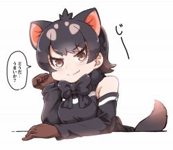 Rule 34 | 10s, 1girl, animal ears, bare shoulders, black hair, blush, bow, bowtie, brown gloves, detached sleeves, fang, gloves, kemono friends, long sleeves, looking at viewer, shirt, short hair, simple background, sleeveless, sleeveless shirt, solo, tail, tanaka kusao, tasmanian devil (kemono friends), tasmanian devil ears, tasmanian devil tail, translated, white background