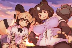 Rule 34 | 10s, 2girls, :o, african wild dog (kemono friends), african wild dog print, animal ears, animal print, arm support, bear ears, paw stick, black skirt, blush, bodystocking, bow, bowtie, breasts, brown bear (kemono friends), brown eyes, brown hair, cloud, cloudy sky, commentary request, covered erect nipples, dog ears, dog tail, fingerless gloves, flat chest, flipped hair, flying sweatdrops, from below, gloves, kemono friends, large breasts, layered sleeves, leaning forward, light brown hair, long sleeves, looking at viewer, looking down, medium hair, microskirt, multicolored hair, multiple girls, ooba jun, open mouth, outdoors, plump, reaching, reaching towards viewer, shirt, short over long sleeves, short sleeves, shorts, shoulder-to-shoulder, skirt, sky, smile, sun, tail, twilight, two-tone hair, upper body, weapon, weapon on back, white hair, white shirt