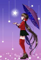 Rule 34 | 1girl, black skirt, blunt bangs, brown hair, commentary request, danganronpa (series), danganronpa v3: killing harmony, falling star, from side, hair ornament, hair scrunchie, hands up, harukawa maki, holding, holding umbrella, long hair, looking up, low twintails, miniskirt, mole, mole under eye, pleated skirt, profile, red eyes, red footwear, red scrunchie, red shirt, red thighhighs, satori (aosky9077), school uniform, scrunchie, shirt, shoes, skirt, solo, space print, standing, star (symbol), starry sky print, thighhighs, twintails, umbrella, very long hair, zettai ryouiki