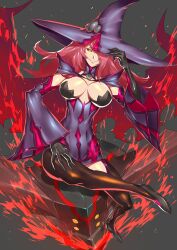 Rule 34 | 1girl, 1other, black eyes, black gloves, black pantyhose, blazblue, breasts, cleavage cutout, clothing cutout, coat, detached sleeves, fire, four eyes, full body, gloves, grey background, hat, heels, highres, ippo, konoe a. mercury, large breasts, legs, long hair, multiple eyes, one eye covered, one leg raised behind, pantyhose, red hair, shoes, sitting, smile, teeth, witch, witch hat, yellow eyes