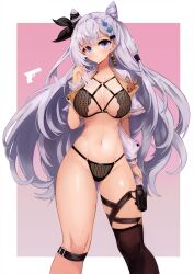 Rule 34 | 1girl, black bra, black panties, black thighhighs, blue eyes, blush, bra, braid, braided bangs, breasts, breasts apart, closed mouth, cone hair bun, double bun, earrings, feet out of frame, gradient background, grey eyes, grey hair, gun, hair between eyes, hair bun, hair ears, hair ribbon, hand up, handgun, highres, hololive, hololive indonesia, holster, jewelry, lace, lace bra, lace panties, large breasts, leg belt, long hair, looking at viewer, navel, notte, panties, ribbon, shrug (clothing), single thighhigh, solo, thigh holster, thighhighs, underwear, very long hair, vestia zeta, virtual youtuber, weapon