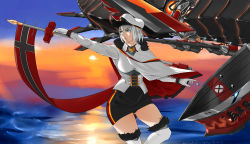 Rule 34 | 1girl, absurdres, azur lane, black panties, black skirt, blue eyes, boots, breasts, capelet, flag, flybear8763, fur-trimmed boots, fur trim, gloves, hat, highres, holding, holding flag, knee boots, medium breasts, non-humanoid robot, outstretched arm, panties, pantyshot, peaked cap, robot, robot dragon, short hair, skirt, solo, sunset, tirpitz (azur lane), underwear, white capelet, white footwear, white gloves, white hair, white hat