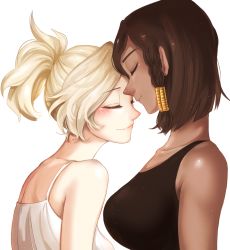 Rule 34 | 2girls, bad id, bad twitter id, bare shoulders, blonde hair, blush, braid, breasts, brown hair, closed eyes, closed mouth, collarbone, dark-skinned female, dark skin, eyebrows, face-to-face, hair tubes, large breasts, mercy (overwatch), multiple girls, overwatch, overwatch 1, perio 67, pharah (overwatch), pink lips, ponytail, short hair, side braids, simple background, sleeveless, smile, tank top, white background, yuri