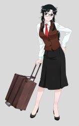 Rule 34 | 1girl, black footwear, black hair, black skirt, blue eyes, brown vest, commentary request, contrapposto, full body, glasses, grey background, hand on own hip, high heels, highres, long hair, long skirt, looking to the side, luggage, messy hair, necktie, ojipon, pumps, read or die, red necktie, rolling suitcase, shirt, simple background, skirt, solo, standing, suitcase, vest, white shirt, yomiko readman