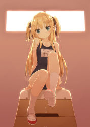 Rule 34 | 1girl, arm support, blonde hair, blue eyes, blush, breasts, gym storeroom, hair ribbon, highres, kani biimu, long hair, looking at viewer, name tag, old school swimsuit, one-piece swimsuit, original, ribbon, school swimsuit, shimotsuki potofu, shoes, sitting, small breasts, socks, solo, swimsuit, twintails, two side up, uwabaki, vaulting horse, white socks