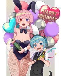 Rule 34 | 1boy, 1girl, age difference, alcohol, animal ears, balloon, blue eyes, blue hair, bow, bowtie, breasts, cat ears, cat tail, champagne, child, cleavage, collared shirt, commentary, commentary request, confetti, dress shirt, fake animal ears, formal, happy birthday, heart balloon, heterochromia, highres, long hair, looking at viewer, medium breasts, necktie, onee-shota, open mouth, original, pantyhose, party popper, pink hair, purple eyes, rabbit ears, red eyes, shiomachi, shirt, short hair, smile, suit, tail, wrist cuffs