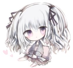 Rule 34 | 1girl, :&lt;, bad id, bad pixiv id, barefoot, black jacket, black ribbon, brown skirt, chibi, closed mouth, commentary request, cottontailtokki, frilled pillow, frills, full body, granblue fantasy, hair between eyes, hair ribbon, heart, jacket, long hair, long sleeves, open clothes, open jacket, orchis, pillow, pleated skirt, purple eyes, ribbon, silver hair, simple background, sitting, skirt, sleeves past fingers, sleeves past wrists, solo, two side up, white background