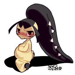 Rule 34 | 1girl, bags under eyes, belly, blush, creatures (company), dated, game freak, gen 3 pokemon, highres, looking at viewer, mawile, mizuki kotora, nintendo, no humans, pokemon, pokemon (creature), pout, pregnant, red eyes, simple background, sitting, tearing up, tears, wariza, white background