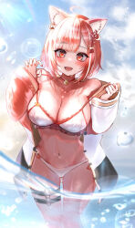 Rule 34 | 1girl, animal ear fluff, animal ears, bell, bikini, blush, breasts, choker, cloud, earrings, hair ornament, highres, jewelry, large breasts, looking at viewer, mole, mole on stomach, mole under eye, multicolored eyes, navel, neck bell, nijisanji, open mouth, orange eyes, parted bangs, ratna petit, red choker, red eyes, red hair, red nails, red panda ears, red panda girl, sanada nagi, short hair, signature, sky, solo, stomach, strap lift, strap pull, swimsuit, tassel, thigh strap, virtual youtuber, wadding, water, water drop, white bikini, x hair ornament