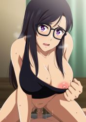 Rule 34 | 1boy, 1girl, black hair, black shirt, breasts, censored, clothes pull, cowgirl position, curtains, girl on top, glasses, hara (harayutaka), hetero, highres, indoors, large breasts, long hair, looking at viewer, minakata hizuru, mosaic censoring, navel, nipples, one breast out, open mouth, penis, pov, purple eyes, pussy, pussy juice, sex, shirt, shirt pull, solo focus, straddling, straight hair, summertime render, sweat, tank top, vaginal