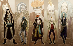 Rule 34 | 5boys, blonde hair, blue hair, character request, closed mouth, commentary request, eustass kid, facial mark, full body, goggles, goggles on head, heat (one piece), highres, hockey mask, hood, hood up, killer (one piece), long hair, male focus, mask, medium hair, mohawk, multiple boys, one piece, open clothes, open mouth, rakurakurakumiya, red hair, round eyewear, short hair, spikes, standing, sunglasses, teeth, wire (one piece)