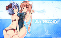 Rule 34 | 2girls, :o, ahoge, artist name, ass, bikini, blue hair, blunt bangs, blush, bow, breasts, brown bow, china dress, chinese clothes, dille blood, dlsite.com, double bun, dress, elle sweet, hair bow, hair bun, hairband, highleg, highleg swimsuit, highres, looking at viewer, looking back, lowleg, lowleg bikini, medium breasts, multiple girls, open mouth, red bikini, refeia, sideboob, sidelocks, small breasts, swimsuit, teeth, thigh strap, thighs, twintails, wallpaper, watermark, web address, wristband
