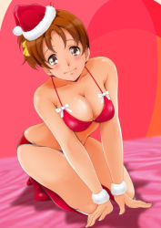 Rule 34 | 1girl, absurdres, arm support, bed sheet, bikini, blush, boots, breasts, brown hair, christmas, cleavage, closed mouth, commentary, fur cuffs, hair ribbon, halterneck, hat, high heel boots, high heels, highres, hirasawa ui, k-on!, kneeling, leaning forward, looking at viewer, medium breasts, nanashi noiji, navel, on bed, red bikini, red footwear, red hat, ribbon, santa bikini, santa boots, santa hat, shadow, short hair, short ponytail, smile, solo, swimsuit, textless version, tilted headwear, yellow ribbon