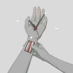 Rule 34 | 1other, absurdres, avogado6, battery, clock, commentary request, grey background, highres, holding, original, pov, pov hands, simple background, solo, symbolism