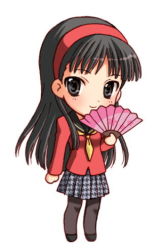 Rule 34 | 1girl, amagi yukiko, atlus, chibi, hand fan, folding fan, lowres, pantyhose, persona, persona 4, seiru (prairie), solo