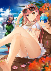Rule 34 | 2girls, :q, adjusting eyewear, barefoot, beach, bikini, blue sky, blurry, breasts, brown eyes, cloud, cloudy sky, cocktail, cu chulainn (fate), cup, day, depth of field, drinking glass, eyewear on head, fate/grand order, fate (series), feet, food, fruit, green nails, hand up, highres, holding, holding cup, holding drinking glass, legs, crossed legs, long hair, medb (fate), medb (fate), medium breasts, multiple girls, murakami yuichi, nail polish, outdoors, pink hair, sitting, sky, soles, solo focus, sunglasses, swimsuit, thighs, toe scrunch, toenail polish, toenails, toes, tongue, tongue out, underboob, watermelon, white bikini