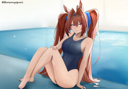 Rule 34 | 1girl, animal ears, antenna hair, baozouyeguai, bare shoulders, barefoot, blue one-piece swimsuit, blush, breasts, closed mouth, commentary request, daiwa scarlet (umamusume), fang, feet, hair between eyes, hair intakes, hand on own knee, highres, horse ears, horse girl, knees up, large breasts, long hair, looking at viewer, one-piece swimsuit, poolside, red eyes, red hair, skin fang, solo, swimsuit, tiara, twintails, twitter username, umamusume, very long hair