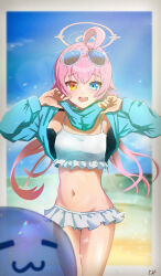 Rule 34 | 1girl, aqua hoodie, beach, bikini, blue archive, blue eyes, blue sky, blurry, blush, border, breasts, commentary request, depth of field, eyewear on head, fang, feet out of frame, frilled bikini, frills, halo, heterochromia, highres, hoshino (blue archive), hoshino (swimsuit) (blue archive), long hair, long sleeves, looking at viewer, navel, ocean, official alternate costume, open mouth, pink hair, pink halo, skin fang, sky, small breasts, smile, solo, standing, sunglasses, swimsuit, twintails, udon f, undressing, white bikini, white border, yellow eyes