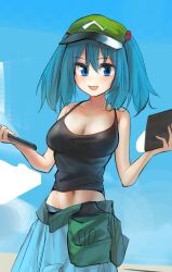 Rule 34 | 1girl, :d, aesur a, alternate costume, black tank top, blue eyes, blue hair, blue skirt, breasts, cleavage, commentary, flat cap, green hat, groin, hair bobbles, hair ornament, hat, highres, kawashiro nitori, large breasts, looking at viewer, navel, open mouth, pocket, short hair, skirt, smile, solo, tank top, touhou, two side up, unfinished
