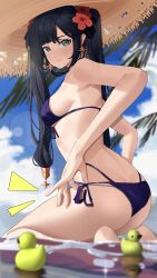 Rule 34 | 1girl, absurdres, ass, bare arms, bare shoulders, barefoot, bikini, black hair, blue sky, breasts, butt crack, cloud, commentary, day, flower, genshin impact, green eyes, haerge, hair flower, hair ornament, hat, highres, long hair, looking at viewer, medium breasts, mona (genshin impact), purple bikini, red flower, rubber duck, seiza, side-tie bikini bottom, sitting, sky, solo, sun hat, swimsuit, thighs, twintails, very long hair