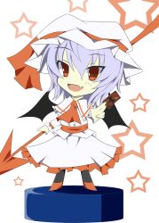 Rule 34 | 1girl, :d, akisome hatsuka, ascot, bat wings, black legwear, card, chibi, hat, holding, looking at viewer, mob cap, open mouth, purple hair, red eyes, remilia scarlet, shoes, short hair, smile, solo, spear the gungnir, touhou, wings
