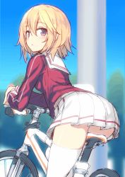 Rule 34 | 1girl, :&lt;, ass, bicycle, blonde hair, blush, commentary request, day, from behind, hair between eyes, highres, hiraga matsuri, long sleeves, looking at viewer, looking back, original, outdoors, pink eyes, pleated skirt, pole, red shirt, riding bike, school uniform, serafuku, shirt, sketch, skirt, sky, solo, thighhighs, white skirt, white thighhighs