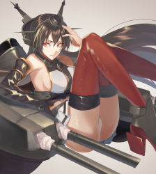 Rule 34 | 1girl, black gloves, black hair, cannon, commentary request, elbow gloves, fingerless gloves, gloves, grey background, headgear, highres, kabocha (monkey4), kantai collection, long hair, machinery, miniskirt, nagato (kancolle), panties, pleated skirt, red eyes, red neckwear, simple background, skirt, smokestack, solo, thighhighs, turret, underwear, white panties, white skirt