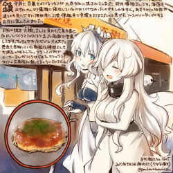 Rule 34 | 10s, 2girls, :d, abyssal ship, bare shoulders, blue eyes, colored pencil (medium), commentary request, dated, dress, european princess, closed eyes, food, french battleship princess, hair over one eye, kantai collection, kirisawa juuzou, long hair, multiple girls, numbered, okonomiyaki, open mouth, short hair, sleeveless, sleeveless dress, smile, traditional media, translation request, twitter username, white dress, white hair