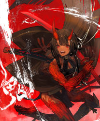 Rule 34 | 1girl, asymmetrical horns, barefoot, black hair, blunt bangs, fangs, highres, holding, holding sword, holding weapon, horns, japanese clothes, katana, kazunari (prawn10231), long hair, looking at viewer, oni, open mouth, original, red background, red eyes, red theme, scales, sheath, solo, sword, very long hair, weapon