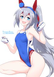 Rule 34 | 1girl, alternate costume, animal ears, bare shoulders, blue eyes, blue one-piece swimsuit, blush, breasts, collarbone, competition swimsuit, covered navel, ear covers, fingerless gloves, gloves, grey hair, hair between eyes, hairband, halcon, high ponytail, highleg, highleg swimsuit, highres, horse ears, horse girl, horse tail, long hair, looking at viewer, one-piece swimsuit, open mouth, sidelocks, small breasts, smile, solo, swimsuit, tail, tamamo cross (umamusume), thighs, umamusume, white background, white gloves