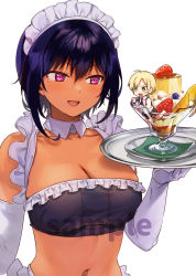 Rule 34 | 1boy, 1girl, bare legs, barefoot, black neckwear, blonde hair, blue hair, blush stickers, breasts, brown shorts, cleavage, crop top, dark-skinned female, dark skin, dessert, detached collar, elbow gloves, food, fruit, gloves, green eyes, hair between eyes, highres, holding, holding tray, konbu wakame, large breasts, lilith (saikin yatotta maid ga ayashii), looking at another, maid, maid headdress, midriff, mini person, miniboy, mole, mole on breast, mole under eye, navel, necktie, open mouth, parfait, pudding, purple eyes, saikin yatotta maid ga ayashii, sample watermark, shirt, short hair, shorts, simple background, smile, solo focus, strapless, strawberry, sweatdrop, tray, tube top, upper body, watermark, white background, white gloves, white shirt, yuuri (saikin yatotta maid ga ayashii)