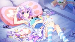 Rule 34 | 1girl, :o, arm up, armpits, bare arms, blue socks, choujigen game neptune, compile heart, date a live: spirit pledge, dress, food, game console, highres, holding, idea factory, looking at viewer, lying, medium hair, neptune (neptunia), neptune (series), on back, on bed, pillow, pudding, purple eyes, purple hair, socks, solo, striped clothes, striped socks, white dress, white socks