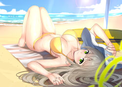 Rule 34 | 1girl, absurdres, beach, bellfud, bikini, blue archive, blue sky, breasts, brown hair, closed mouth, cloud, commentary, day, green eyes, green halo, halo, hat, highres, large breasts, long hair, looking at viewer, lying, navel, nonomi (blue archive), nonomi (swimsuit) (blue archive), ocean, official alternate costume, on back, outdoors, sand, sky, smile, solo, sun, swimsuit, unworn hat, unworn headwear, white hat, yellow bikini