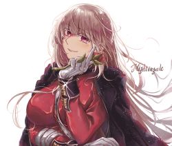 Rule 34 | 1girl, black coat, breasts, coat, coat on shoulders, fate/grand order, fate (series), florence nightingale (fate), florence nightingale (third ascension) (fate), flower, gloves, hand on own chin, holding, holding flower, jacket, large breasts, long hair, looking at viewer, military, military uniform, pink hair, red eyes, red jacket, ru 251, simple background, solo, trench coat, uniform, upper body, very long hair, white background, white gloves