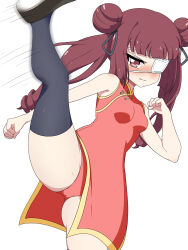Rule 34 | 1girl, absurdres, bare shoulders, black thighhighs, blush, breasts, brown eyes, brown hair, china dress, chinese clothes, closed mouth, dress, embarrassed, eyepatch, hair ribbon, hanazono yurine, highres, jashin-chan dropkick, kicking, long hair, looking at viewer, orange panties, panties, ribbon, simple background, small breasts, solo, thighhighs, twintails, underwear, white background