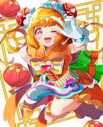 Rule 34 | 1girl, absurdres, apron, back bow, bow, brooch, bun cover, cure yum-yum, delicious party precure, double bun, gloves, hair between eyes, hair bun, hanamichi ran, heart, heart brooch, highres, huge bow, jewelry, jumping, lantern, looking at viewer, magical girl, one eye closed, open mouth, orange eyes, orange hair, orange skirt, paper lantern, precure, skirt, smile, solo, v, waist apron, white gloves, white stripes, yuutarou (fukiiincho)