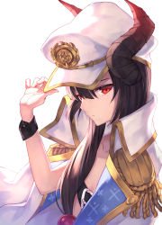 Rule 34 | 1girl, absurdres, arm up, belt, belt bra, black belt, black hair, closed mouth, commentary request, curled horns, epaulettes, hair between eyes, hair ornament, hand on headwear, hat, highres, horns, jacket, jacket on shoulders, looking at viewer, masaki (msk064), military hat, military jacket, peaked cap, red eyes, simple background, solo, upper body, vgaming, virtual youtuber, white background, white hat, white jacket, yoruno yui