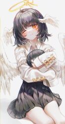Rule 34 | 1girl, absurdres, ahoge, angel, angel wings, black hair, black skirt, blunt bangs, blush, closed mouth, collared shirt, cowboy shot, cross-laced clothes, cross-laced sleeves, facial tattoo, halo, head wings, highres, holding, long sleeves, looking at viewer, mirage (rairudiseu), one eye closed, orange eyes, original, pleated skirt, shirt, short hair, sidelocks, simple background, sitting, skirt, sleeves past fingers, sleeves past wrists, solo, tattoo, white background, white shirt, wings