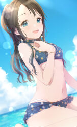Rule 34 | 1girl, bare shoulders, bikini, black hair, blue bikini, blue eyes, blue sky, blurry, blurry background, blush, bow, breasts, cloud, collarbone, day, dot nose, earrings, floral print, frilled bikini, frills, hair bow, hand up, highres, hoop earrings, idolmaster, idolmaster shiny colors, jewelry, lens flare, long hair, looking at viewer, mitsumine yuika, navel, no eyewear, ocean, open mouth, outdoors, pachiko, print bikini, sitting, sky, small breasts, smile, solo, sunlight, swimsuit, twintails, wariza, wet, yellow bow