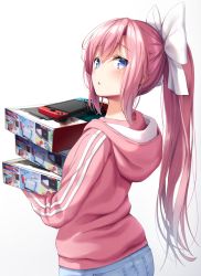 Rule 34 | 1girl, :o, blue eyes, blush, bow, box, carrying, colored eyelashes, commentary request, cowboy shot, denim, double vertical stripe, from behind, gradient background, hair bow, highres, hood, hood down, hoodie, long hair, long sleeves, looking at viewer, looking back, nintendo switch, original, parted lips, pink hair, pocket, sidelocks, solo, superpig, white background, white bow