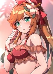 Rule 34 | 1girl, alisia0812, bare shoulders, bikini, blurry, blurry background, blush, bracelet, breasts, clarisse (granblue fantasy), clarisse (summer) (granblue fantasy), commission, flower, frilled bikini, frills, granblue fantasy, green eyes, hair flower, hair intakes, hair ornament, hand up, hibiscus, jewelry, long hair, looking at viewer, medium breasts, open mouth, orange hair, red bikini, skeb commission, solo, swimsuit, upper body