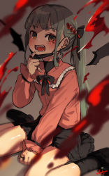 Rule 34 | 1girl, :d, absurdres, bandaid, bandaid on neck, bat wings, blood, blue hair, blush, collared shirt, earrings, facial mark, fang, frilled skirt, frills, hair ornament, hair ribbon, hatsune miku, hayato noda, heart, heart facial mark, heart hair ornament, highres, jewelry, loafers, long hair, long sleeves, mask, mask pull, mouth mask, multiple earrings, multiple rings, open mouth, ribbon, ring, shirt, shoes, sitting, skirt, smile, socks, solo, turtleneck, twintails, vampire, vampire (vocaloid), very long hair, vocaloid, wariza, wings, yellow eyes
