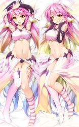 Rule 34 | 10s, 1girl, angel wings, armpits, arms up, asymmetrical legwear, bed sheet, blush, breasts, bridal gauntlets, spiked halo, crop top, dakimakura (medium), feathered wings, gloves, halo, jibril (no game no life), large breasts, long hair, low wings, lying, magic circle, midriff, mismatched legwear, multicolored hair, multiple views, navel, no game no life, on back, on side, open mouth, pink hair, shuffle (songdatiankong), stomach, tattoo, thighhighs, very long hair, white wings, wing ears, wings, yellow eyes