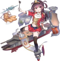 Rule 34 | 1girl, :o, aircraft, ascot, atte nanakusa, baguette, basket, black thighhighs, blue oath, blush, braid, bread, epaulettes, flight deck, food, french braid, frilled skirt, frills, garter straps, gloves, hat, highres, holding, long hair, military, military uniform, navel, official art, open mouth, red eyes, red hair, rigging, sitting, skirt, solo, sparviero (blue oath), thighhighs, transparent background, uniform, visor cap, white gloves